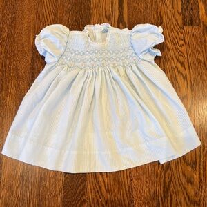 Vintage pale blue hand-smocked cotton dress 9 months